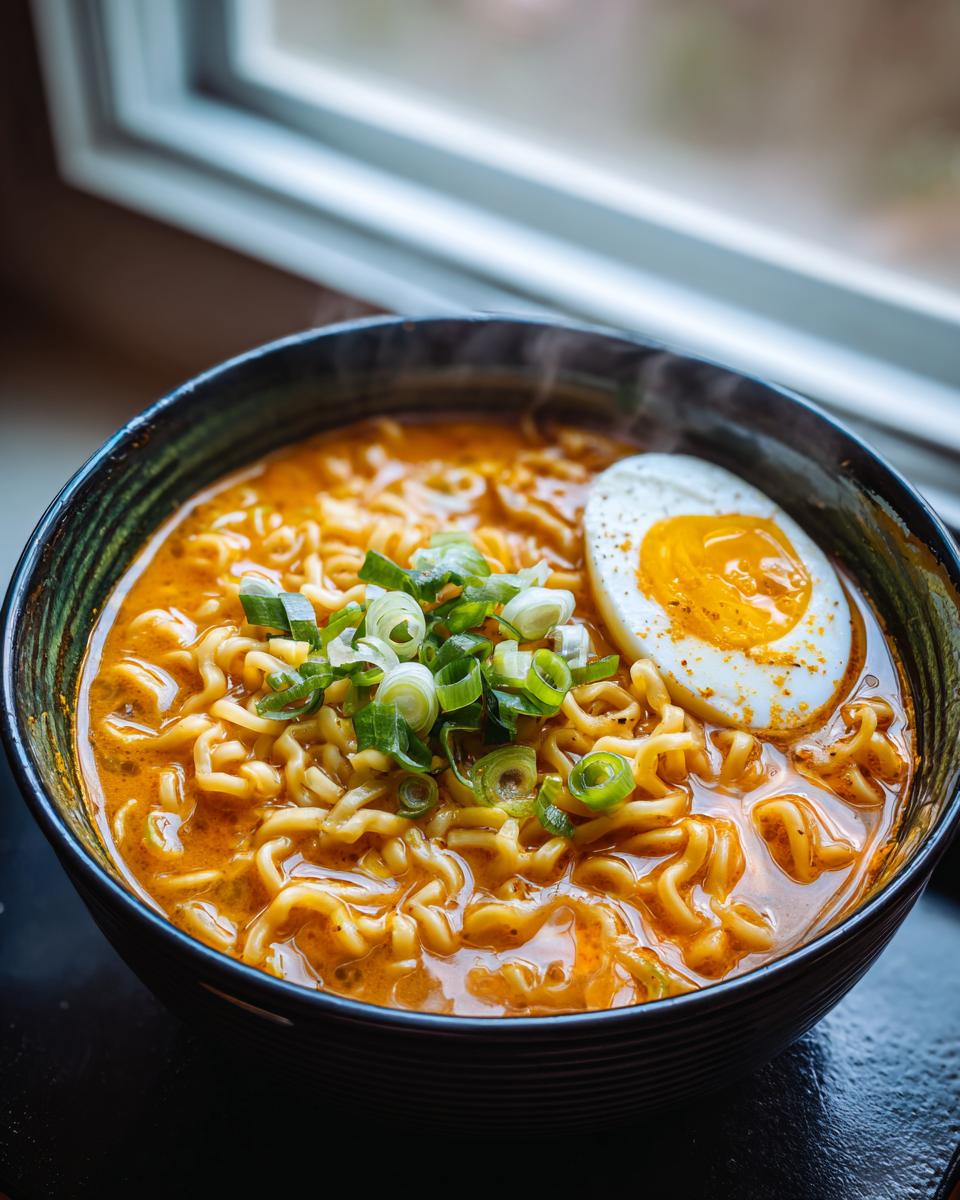 **Spicy Ramen Noodle Soup: 20-Min Meal, Amazing Taste!** 9 Close-up of a bowl of Spicy Ramen Noodle Soup with egg and green onions.