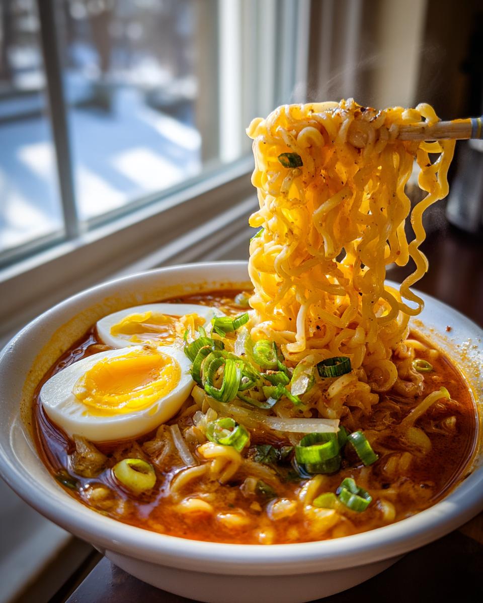 **Spicy Ramen Noodle Soup: 20-Min Meal, Amazing Taste!** 10 Close-up of a bowl of Spicy Ramen Noodle Soup with egg and noodles being lifted by chopsticks.