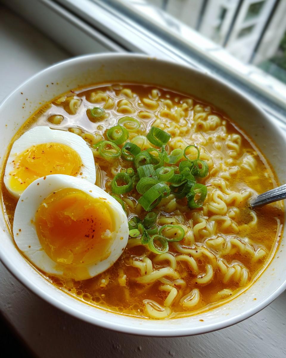 **Spicy Ramen Noodle Soup: 20-Min Meal, Amazing Taste!** 8 Close-up of a bowl of Spicy Ramen Noodle Soup with a soft-boiled egg and green onions.