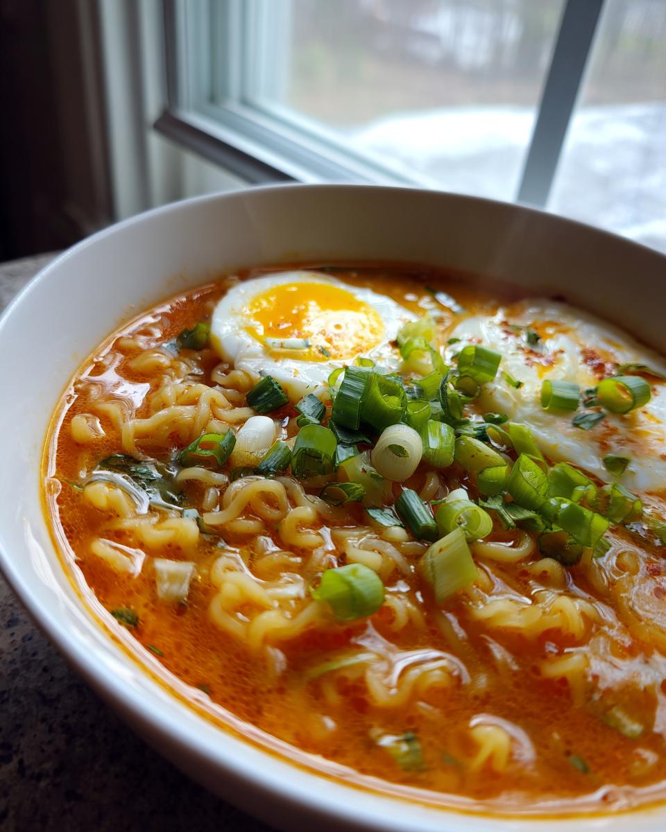 **Spicy Ramen Noodle Soup: 20-Min Meal, Amazing Taste!** 7 Close-up of a bowl of Spicy Ramen Noodle Soup with egg and green onions.