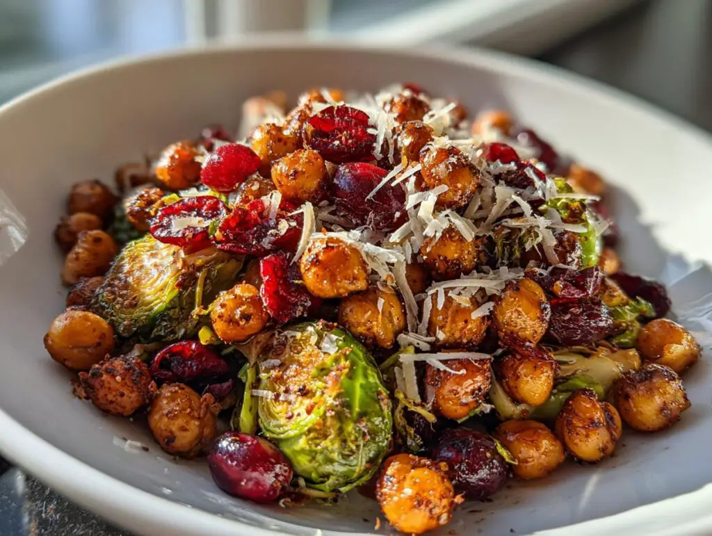 Close-up of Spicy Roasted Chickpeas Brussels Sprout Salad with cranberries and parmesan cheese.