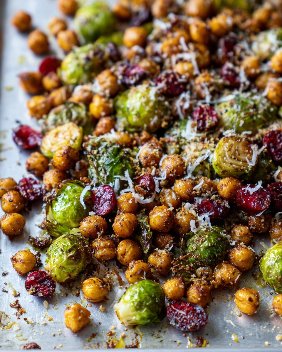Overhead shot of Spicy Roasted Chickpeas Brussels Sprout Salad with cranberries and parmesan cheese.