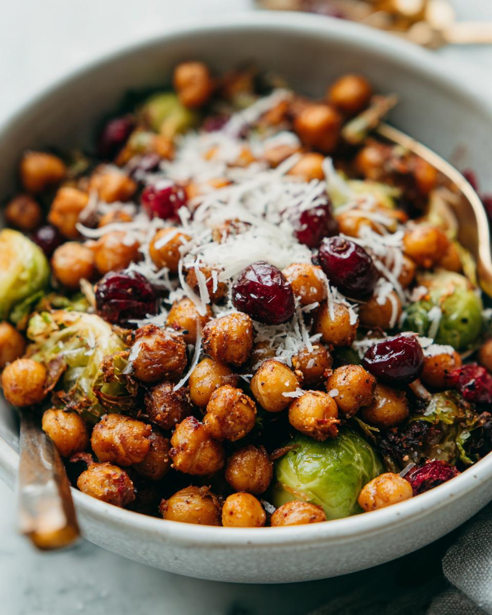 Close-up of Spicy Roasted Chickpeas Brussels Sprout Salad with cranberries and parmesan cheese.