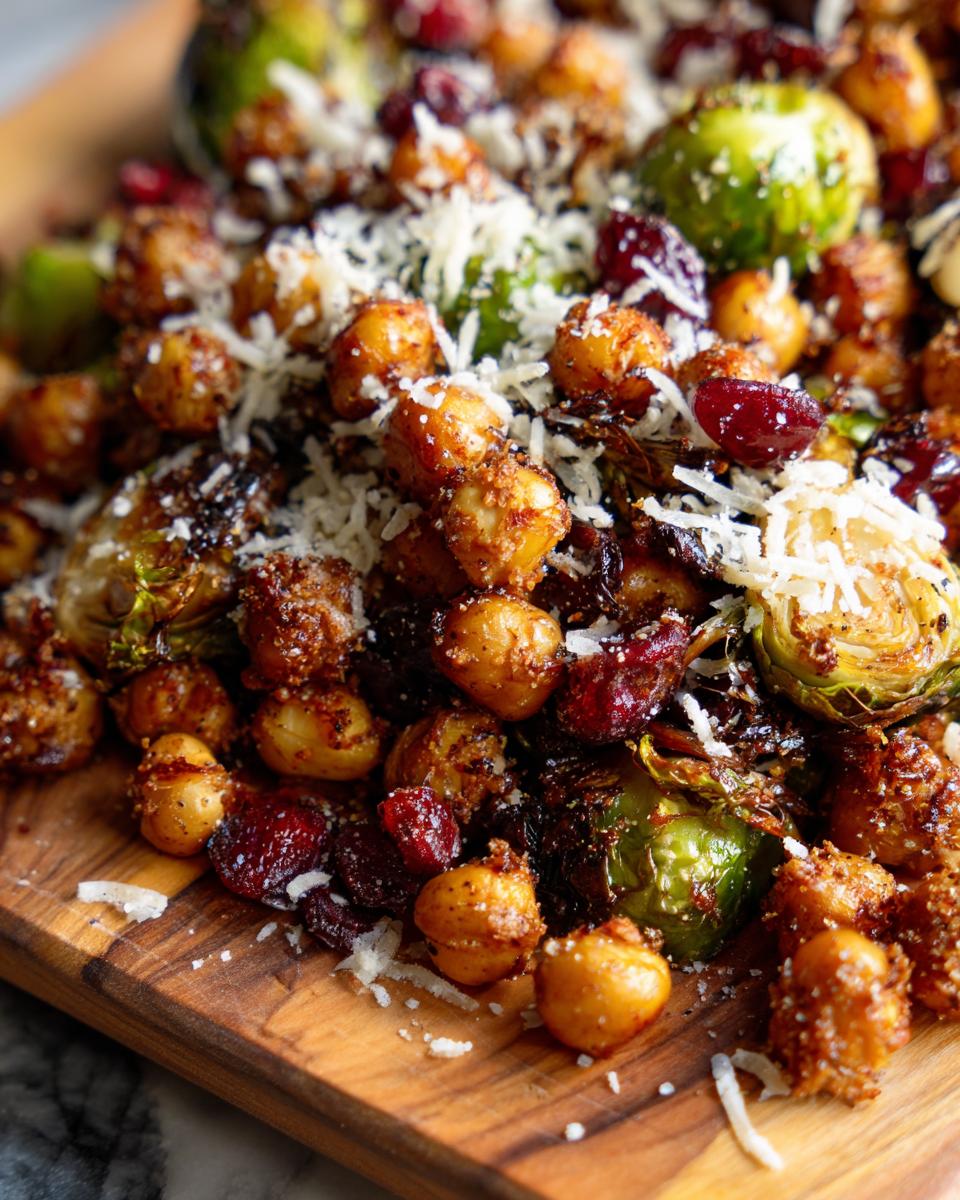 Close-up of Spicy Roasted Chickpeas Brussels Sprout Salad with cranberries and Parmesan cheese.