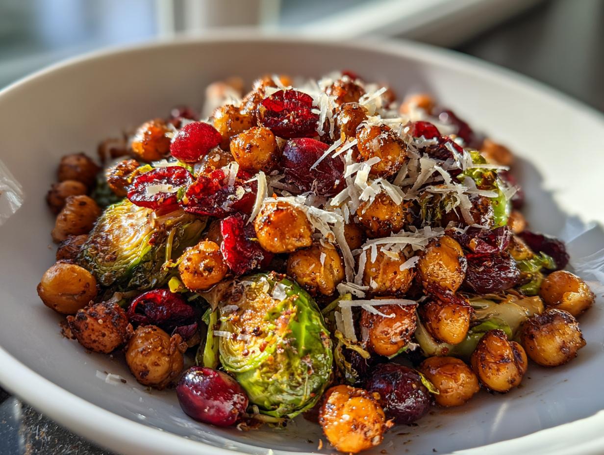 Close-up of Spicy Roasted Chickpeas Brussels Sprout Salad with cranberries and parmesan cheese.