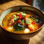 Close-up of a bowl of Spicy Thai Chicken Soup with chicken, vegetables, and herbs.