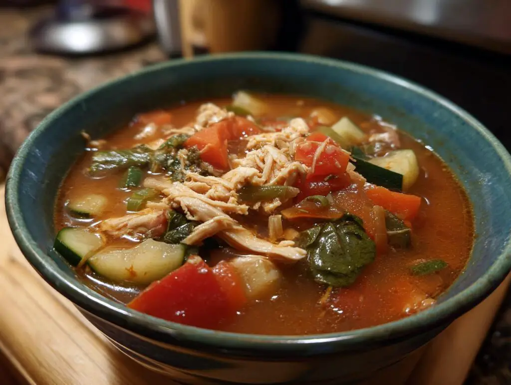 A bowl of Spicy Thai Chicken Soup with chicken, vegetables, and broth.