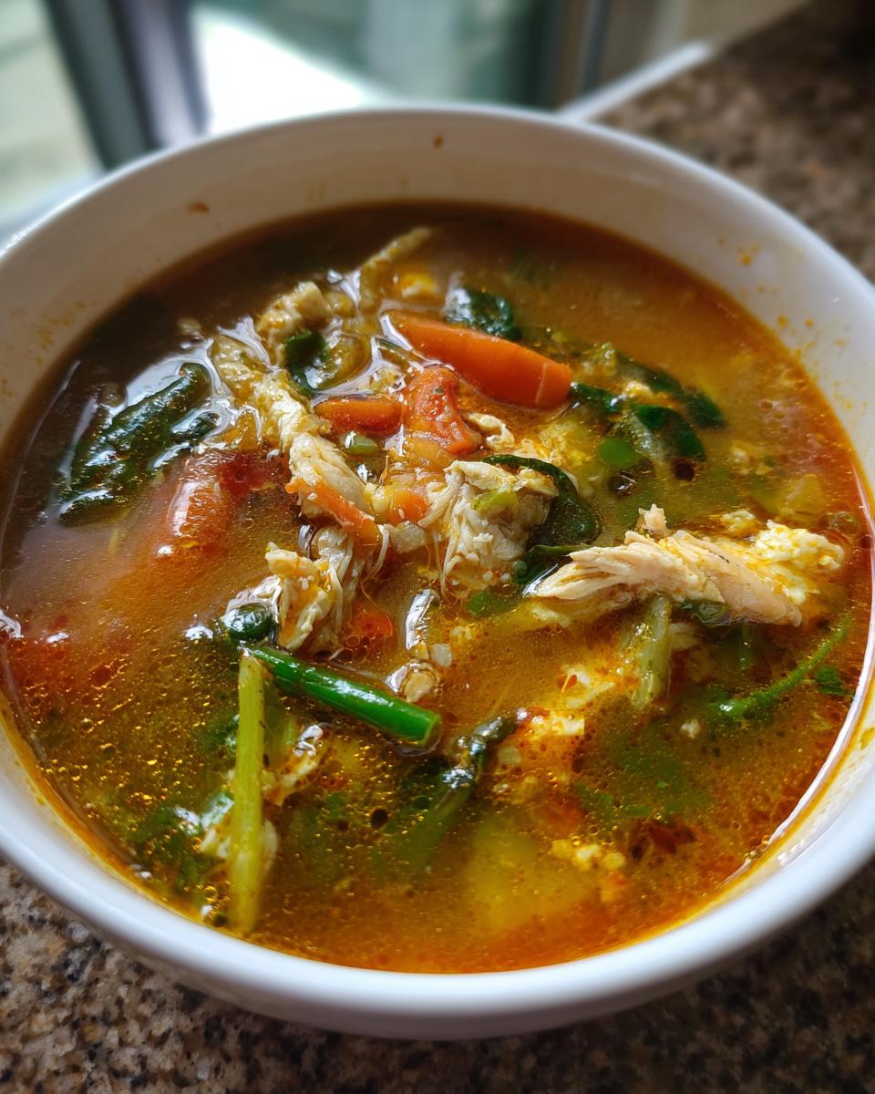 A bowl of delicious Spicy Thai Chicken Soup with chicken, vegetables, and broth.