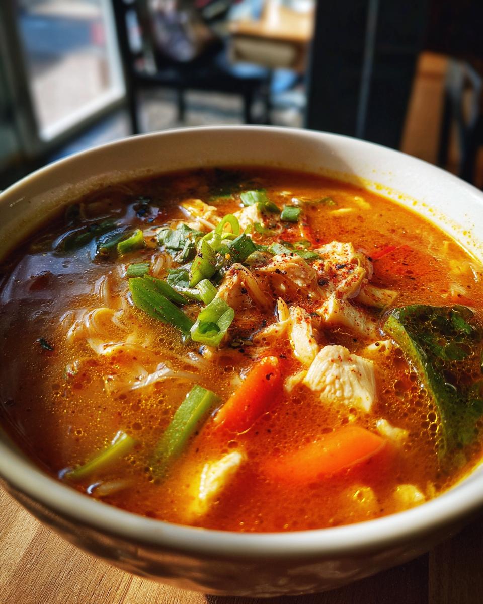 Close-up of a bowl of Spicy Thai Chicken Soup with chicken, vegetables, and herbs.
