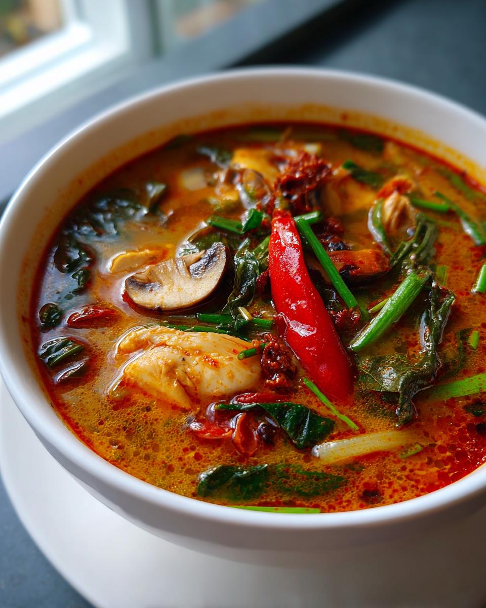 Close-up of a bowl of Spicy Thai Chicken Soup with chicken, vegetables, and a red chili.