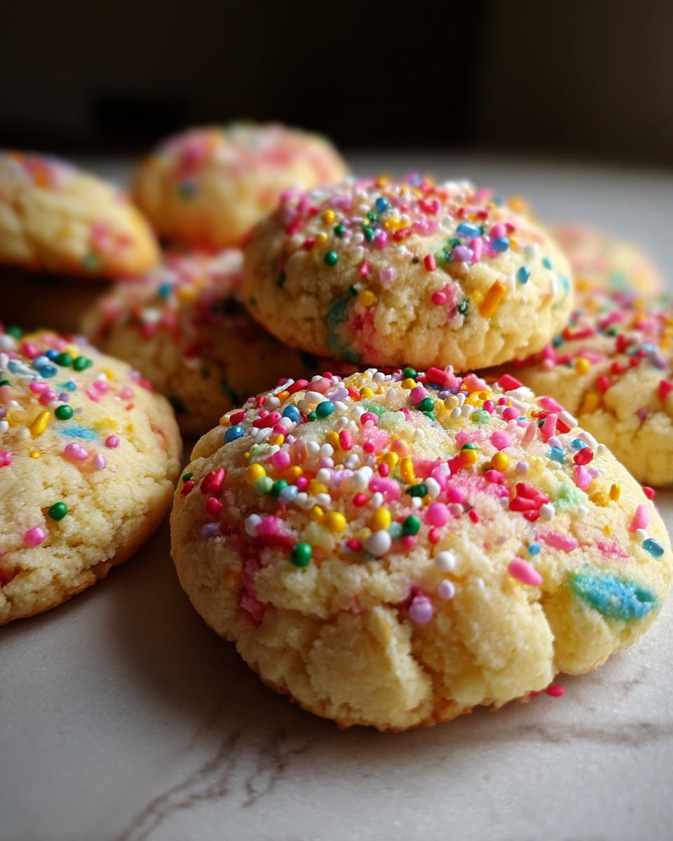 A close-up shot of several magical sprinkle sugar cookies, generously topped with colorful sprinkles.