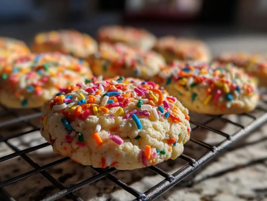 A close-up shot of a freshly baked Sprinkle Sugar Cookie covered in colorful sprinkles, resting on a wire cooling rack.