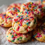 A close-up of a stack of Sprinkle Sugar Cookies, generously coated in colorful sprinkles.