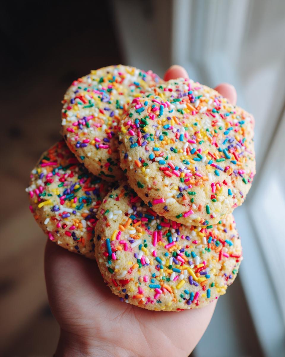 A hand holding a stack of four round Sprinkle Sugar Cookies, generously coated in rainbow jimmies.