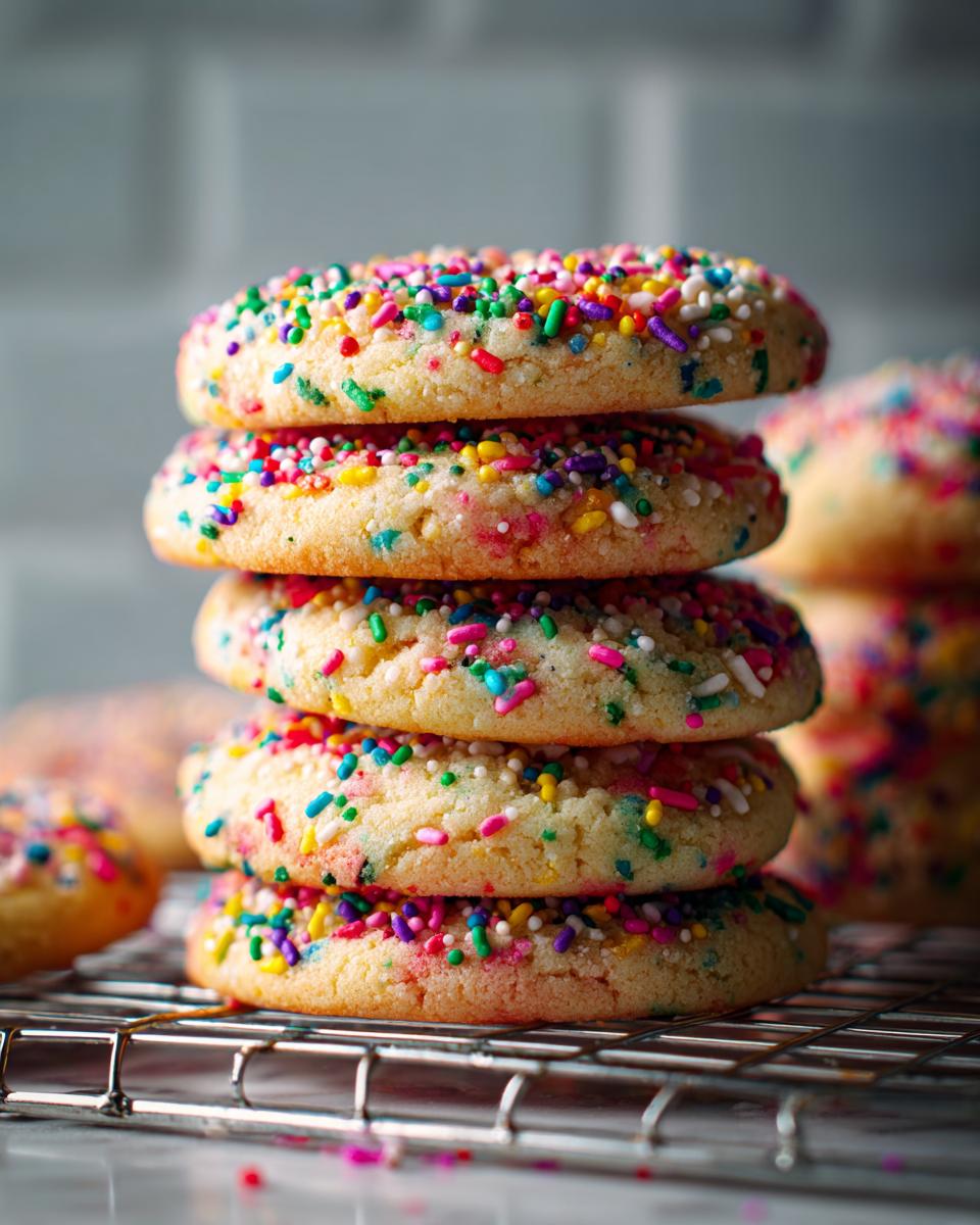 A tall stack of colorful Sprinkle Sugar Cookies, generously coated in rainbow sprinkles, on a cooling rack.