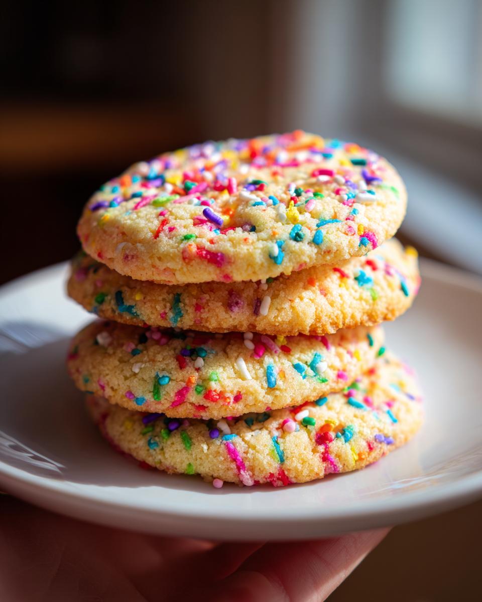 A stack of four delicious Sprinkle Sugar Cookies, generously covered in vibrant rainbow sprinkles.