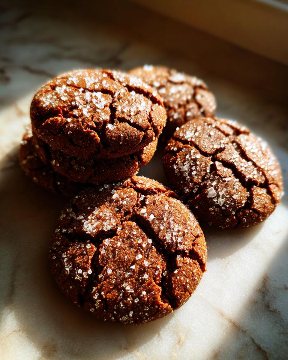 A close-up of several Starbucks Copycat Ginger Molasses Cookies, dusted with sugar, on a marble surface.