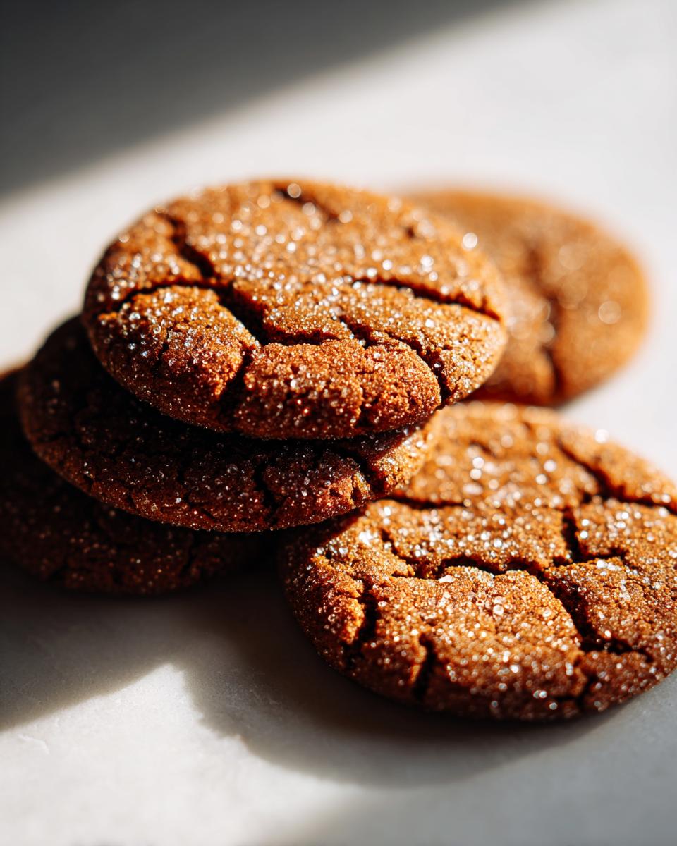 A stack of Starbucks Copycat Ginger Molasses Cookies, dusted with sparkling sugar, with a soft focus background.