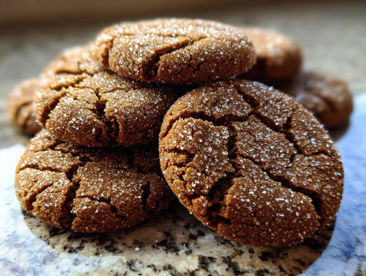 A close-up stack of Starbucks Copycat Ginger Molasses Cookies, coated in sparkling sugar.