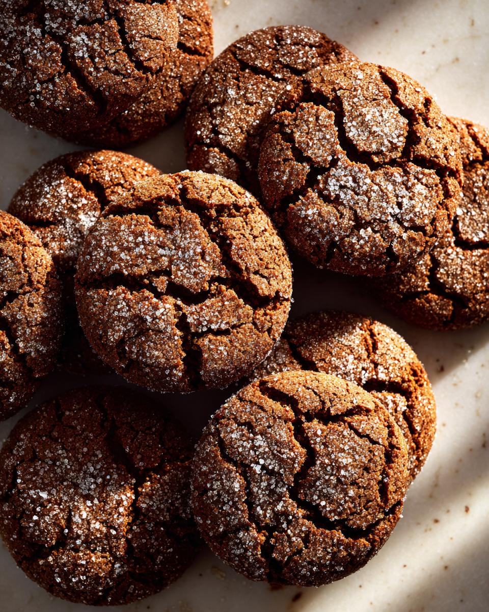 A close-up overhead view of several Starbucks Copycat Ginger Molasses Cookies, dusted with sparkling sugar.