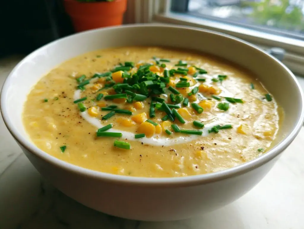 Close-up of a bowl of creamy Sweet Corn Chowder, garnished with chives and a swirl of cream.