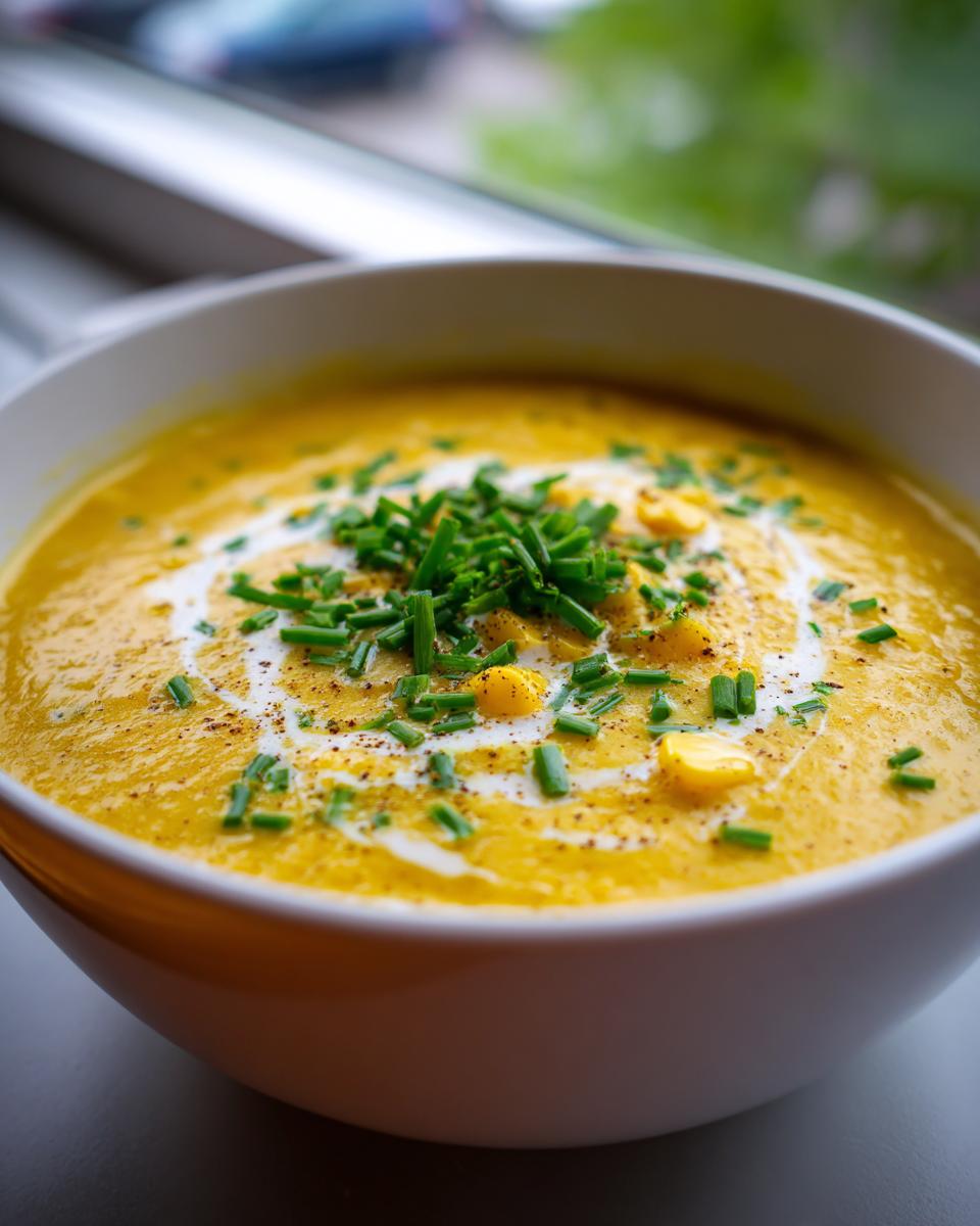 Close-up of a bowl of creamy Sweet Corn Chowder, garnished with chives and cream.