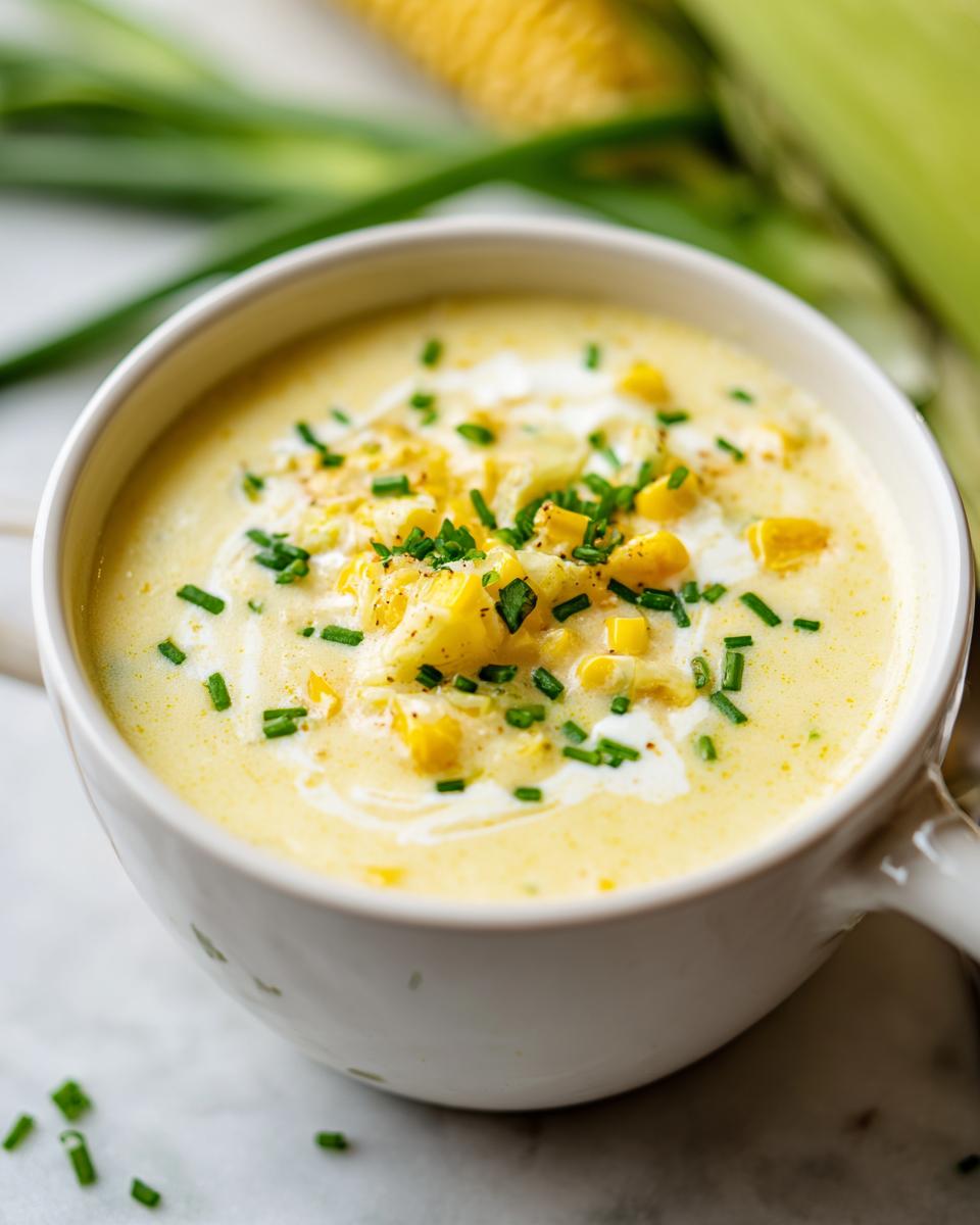 Close-up of a bowl of creamy Sweet Corn Chowder, garnished with fresh corn and chives.