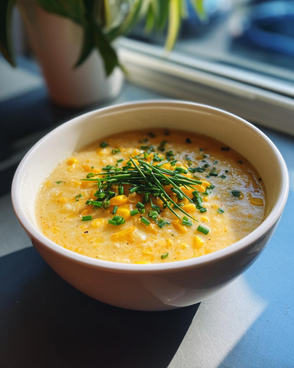 Close-up of a bowl of Sweet Corn Chowder, garnished with fresh chives.