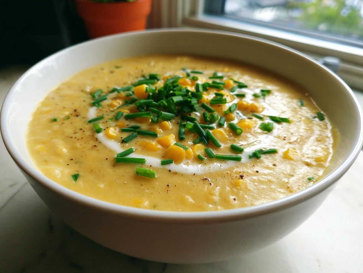 Close-up of a bowl of creamy Sweet Corn Chowder, garnished with chives and a swirl of cream.