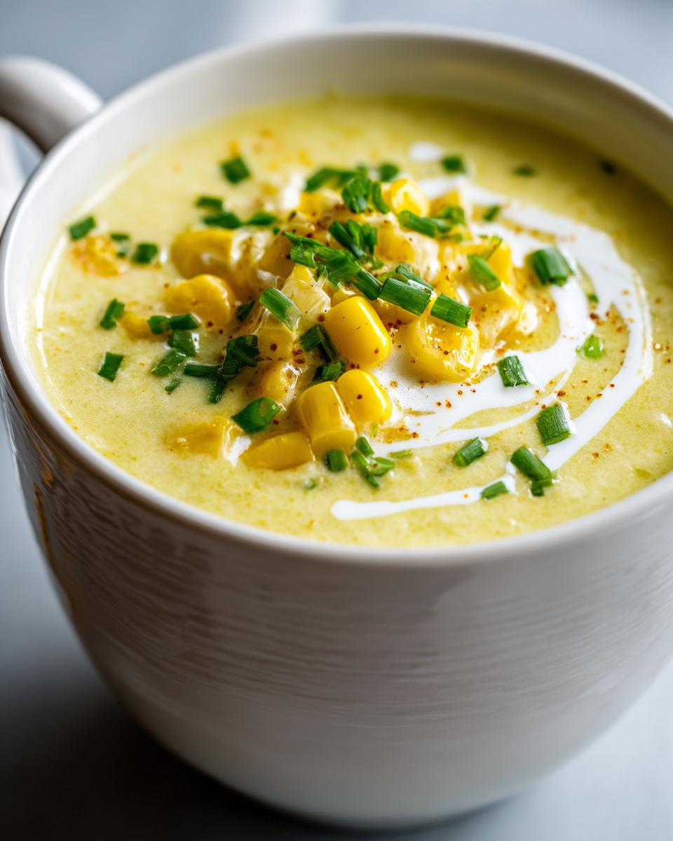 Close-up of a bowl of creamy Sweet Corn Chowder, garnished with chives and cream.