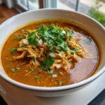 Unbelievably Good: 1 Thai-Inspired Coconut Chicken Soup 11 Close-up of a bowl of Thai-Inspired Coconut Chicken Soup, garnished with cilantro and onions.