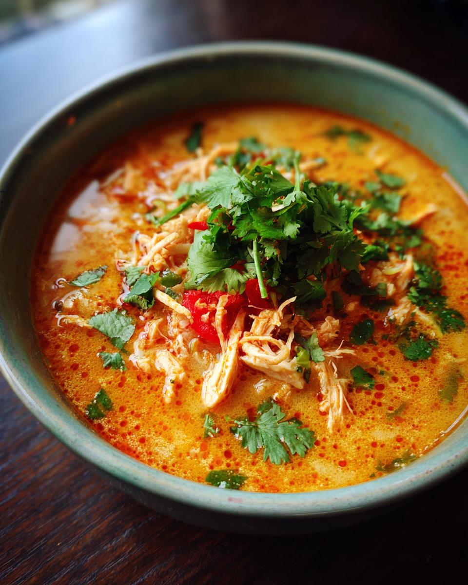 Unbelievably Good: 1 Thai-Inspired Coconut Chicken Soup 10 Close-up of a bowl of Thai-Inspired Coconut Chicken Soup, garnished with cilantro.