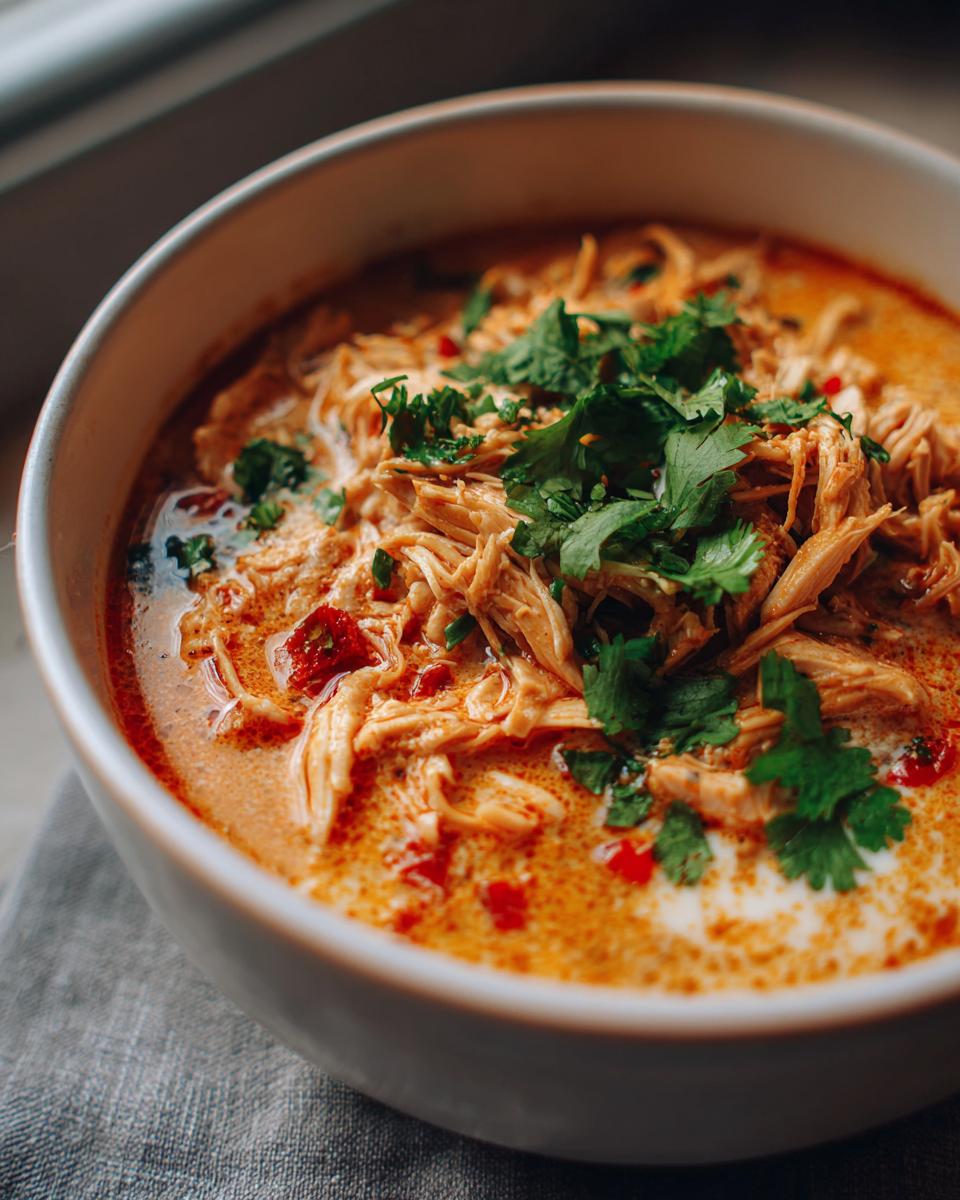 Unbelievably Good: 1 Thai-Inspired Coconut Chicken Soup 7 Close-up of a bowl of Thai-Inspired Coconut Chicken Soup, garnished with cilantro.