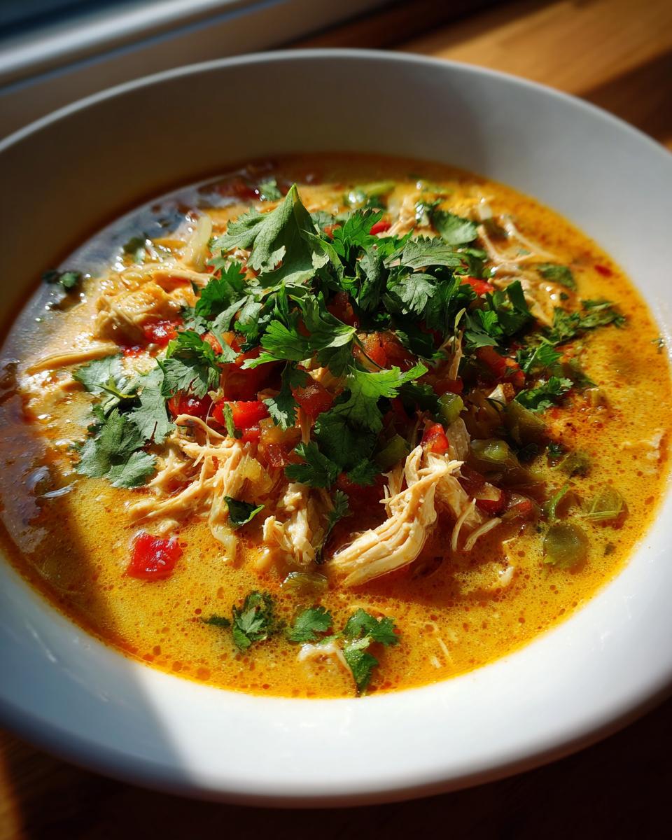 Unbelievably Good: 1 Thai-Inspired Coconut Chicken Soup 9 Close-up of a bowl of Thai-Inspired Coconut Chicken Soup with chicken, vegetables, and cilantro.