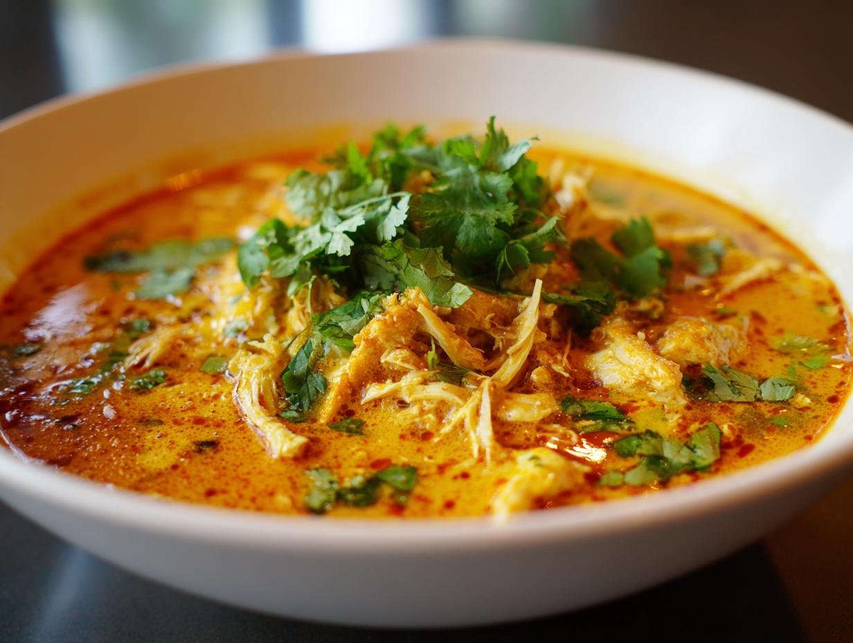 Unbelievably Good: 1 Thai-Inspired Coconut Chicken Soup 6 Close-up of a bowl of Thai-Inspired Coconut Chicken Soup, garnished with fresh cilantro.