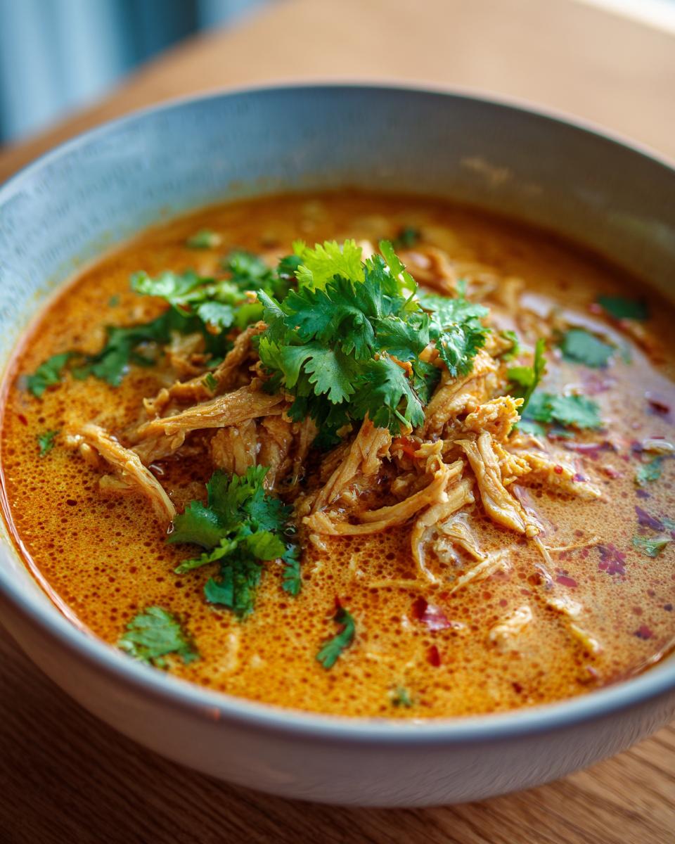 Unbelievably Good: 1 Thai-Inspired Coconut Chicken Soup 8 Close-up of a bowl of Thai-Inspired Coconut Chicken Soup, garnished with fresh cilantro.