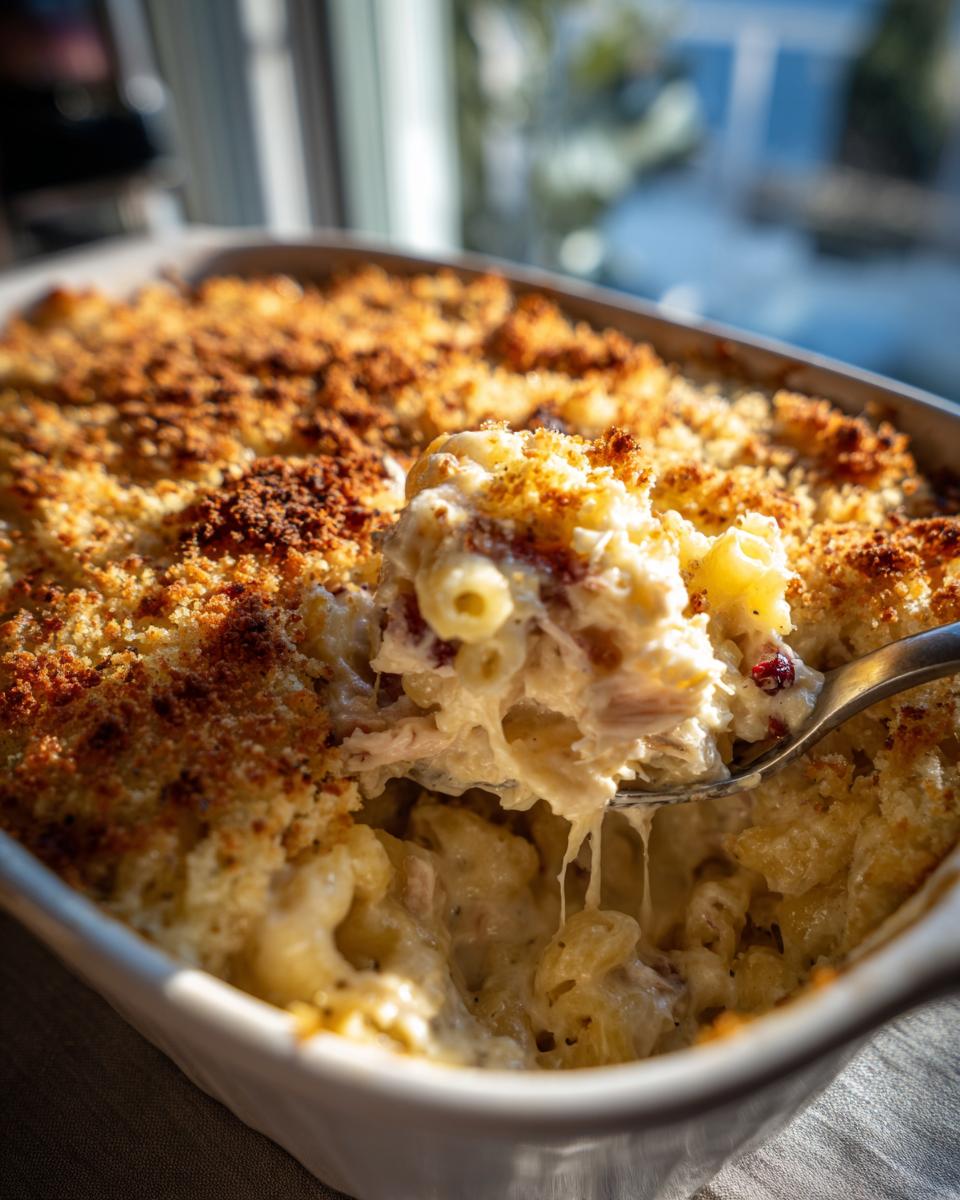 Thanksgiving Mac and Cheese: 1 Dish, Utterly Delicious! 8 Close-up of creamy Thanksgiving Mac and Cheese with a golden, crispy topping, being scooped with a spoon.