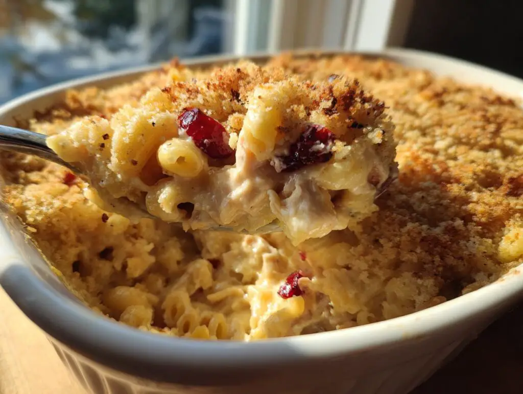Close-up of Thanksgiving Mac and Cheese with a crispy topping and cranberries.