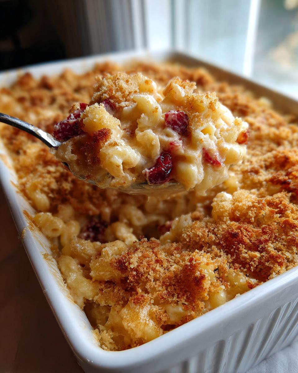 Thanksgiving Mac and Cheese: 1 Dish, Utterly Delicious! 7 Close-up of Thanksgiving Mac and Cheese with cranberries and a crispy breadcrumb topping.