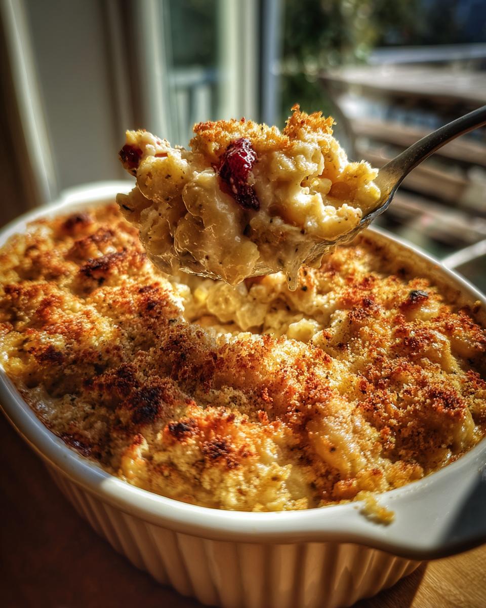 Thanksgiving Mac and Cheese: 1 Dish, Utterly Delicious! 9 Close-up of creamy Thanksgiving Mac and Cheese being served on a spoon, showing the cheesy texture and breadcrumb topping.