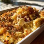Close-up of Thanksgiving Mac and Cheese, creamy and cheesy, with a crispy breadcrumb topping.