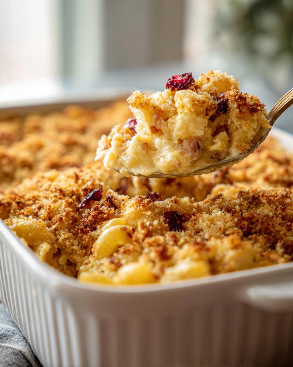 Thanksgiving Mac and Cheese: 1 Dish, Utterly Delicious! 10 Close-up of Thanksgiving mac and cheese with a golden crust, cranberries, and a creamy sauce.