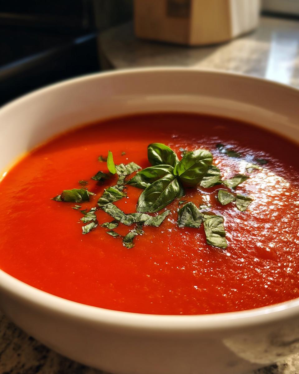 Close-up of a bowl of Classic Tomato Basil Soup, garnished with fresh basil leaves.