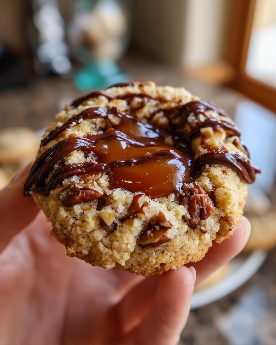 Close-up of a Turtle Thumbprint Cookie held in a hand, showing gooey caramel, chocolate drizzle, and pecans.