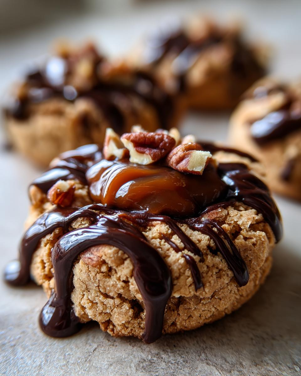Close-up of a Turtle Thumbprint Cookie topped with caramel, chocolate drizzle, and pecans.