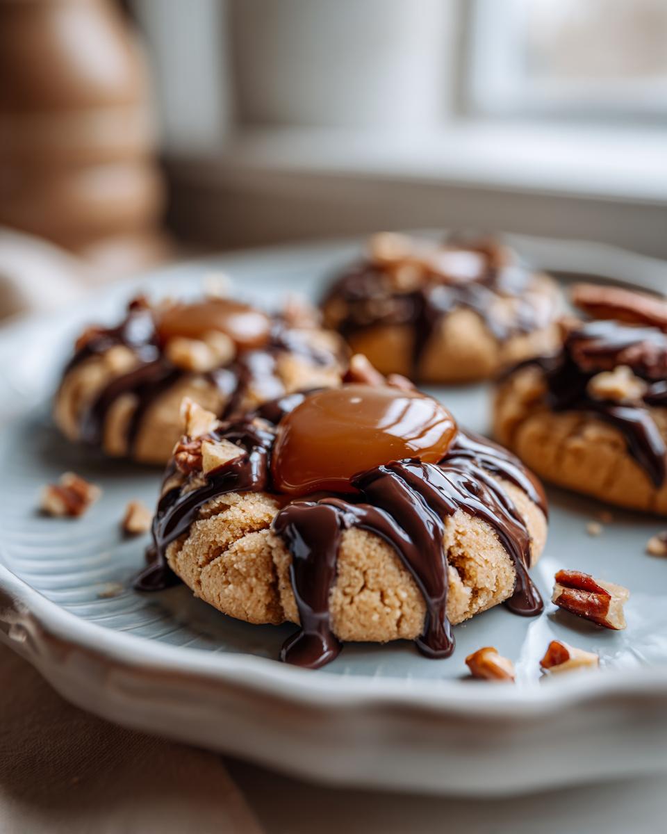 Close-up of a Turtle Thumbprint Cookie topped with chocolate drizzle, caramel, and pecans.