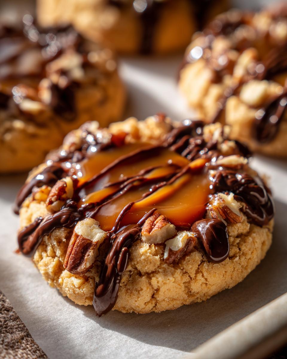 Close-up of a Turtle Thumbprint Cookie filled with caramel, drizzled with chocolate, and topped with pecans.