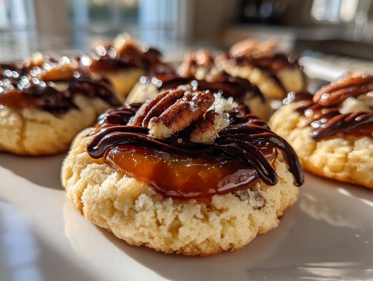 Close-up of a delicious Turtle Thumbprint Cookie topped with caramel, chocolate drizzle, and a pecan half.