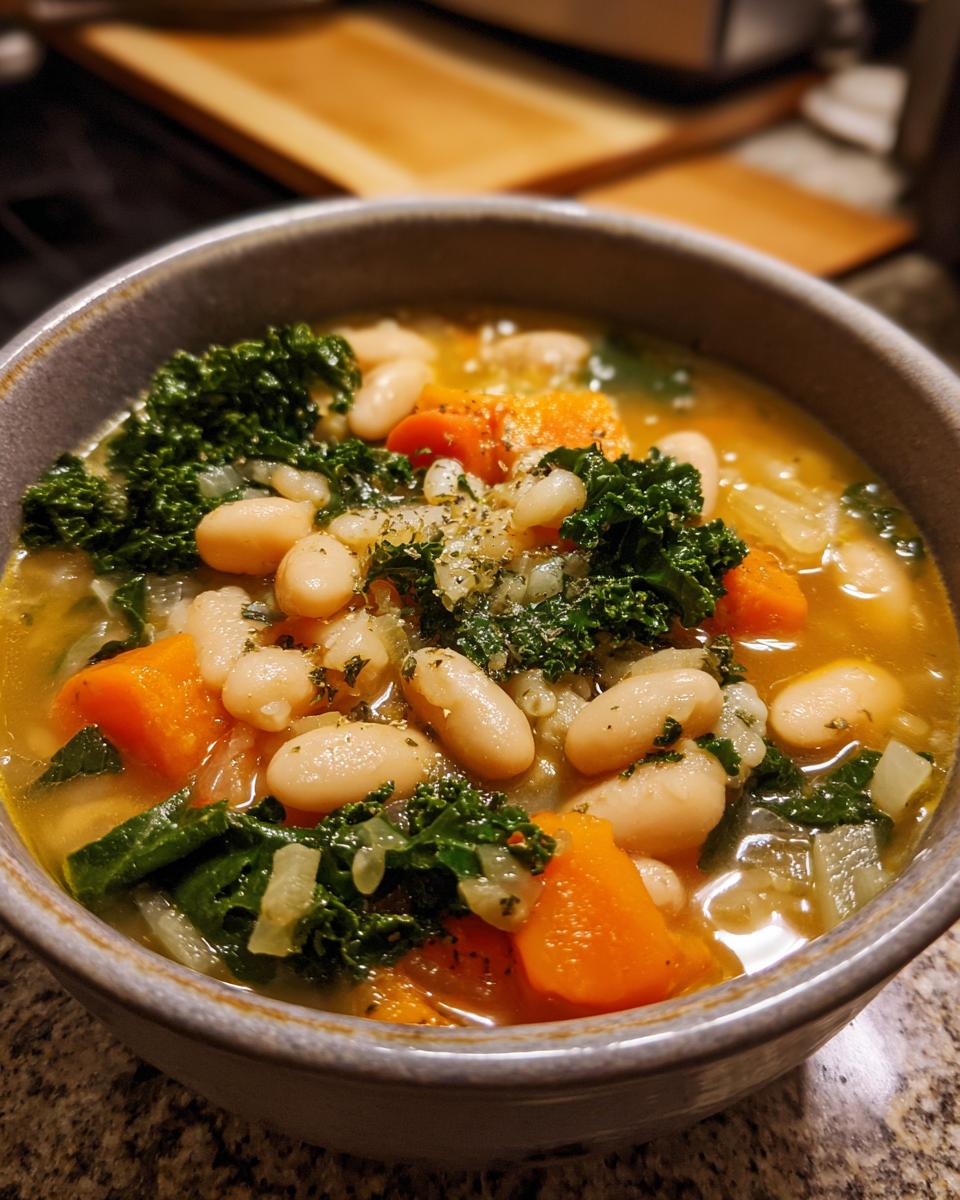 Close-up of a bowl filled with Tuscan White Bean & Kale Soup, with beans, kale, and carrots.
