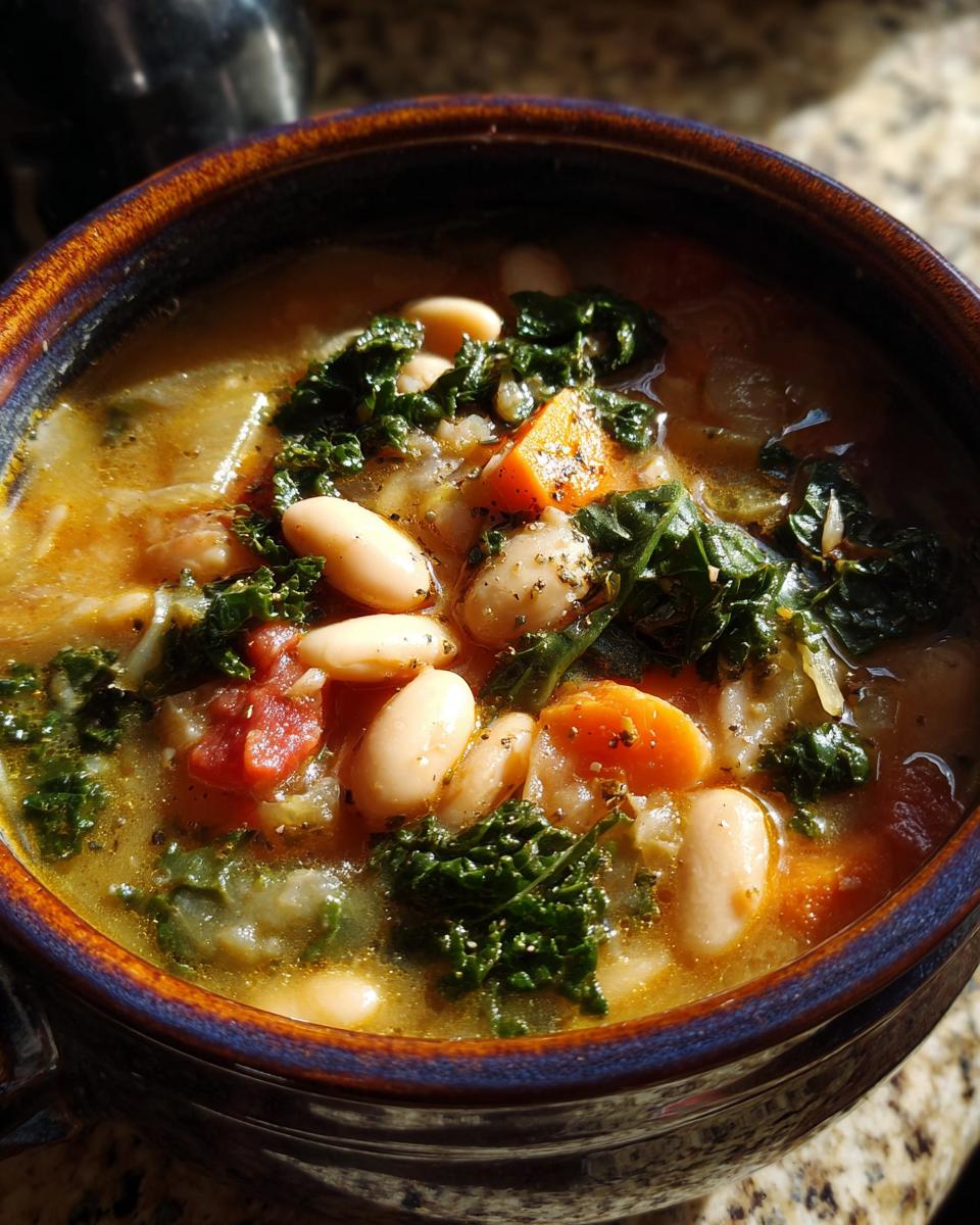 Close-up of a bowl of Tuscan White Bean & Kale Soup, with beans, kale, and carrots.
